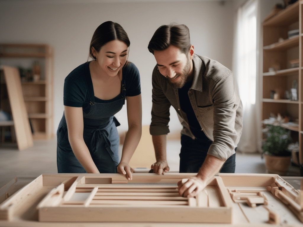 Husband and wife constructing a flat pack piece of furniture