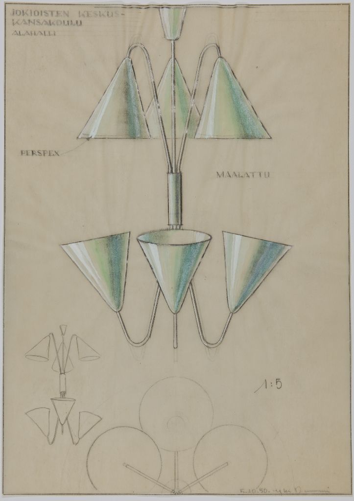 Yki Nummi, light fixture for a school at Jokioinen. Yki Nummi private archive, Aalto University Archive. aaltoarkisto.finna.fi