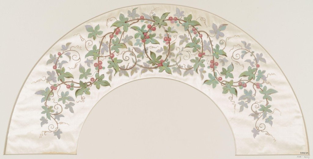 Design for a fan with ivy and berry motifs, watercolour on silk, Caroline Pfander, ca. 1869