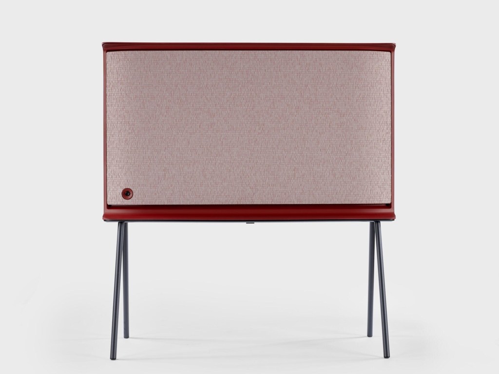 ack view of the Serif TV (2013-2015), designed by Ronan and Erwan Bouroullec for Samsung, showcasing a textured fabric panel in a soft beige tone.
