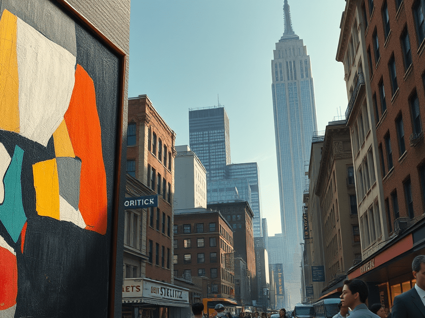 A depiction of early 20th century New York.  Modern Art influence.