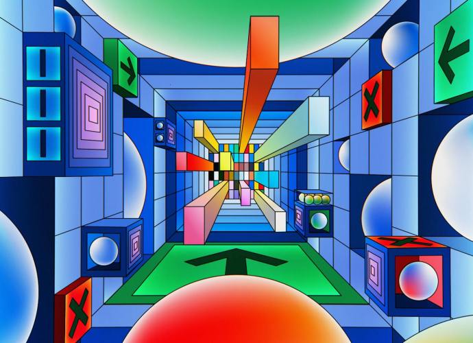 Abstract digital artwork featuring vibrant geometric shapes and AI-inspired elements.