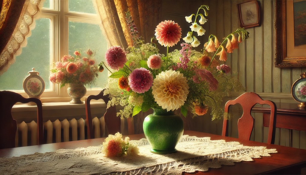A vintage 1930s floral arrangement featuring dahlias, sweet peas, and marigolds in a green pottery vase, placed on a lace-covered wooden table in a sunlit dining room.