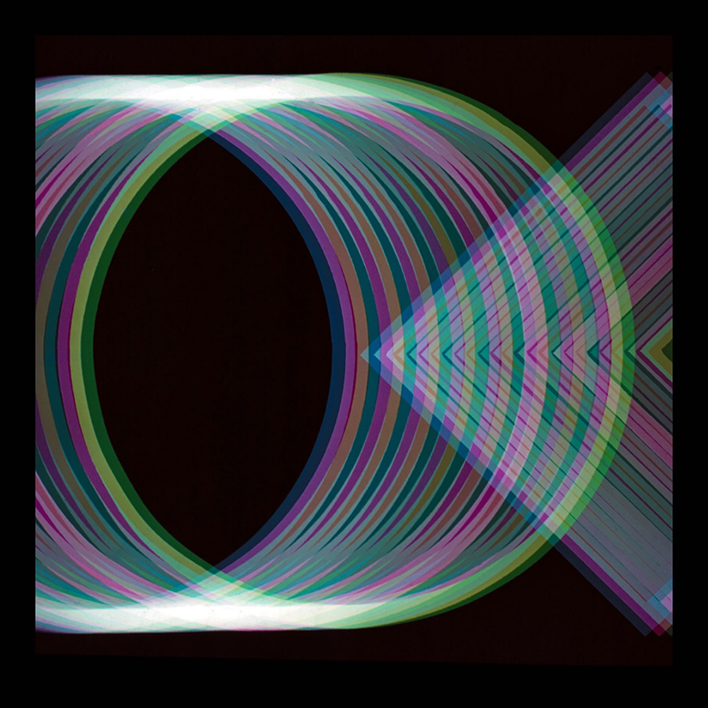 Abstract geometric artwork featuring overlapping circles and squares in linear movement, part of the Gruppo MID series.