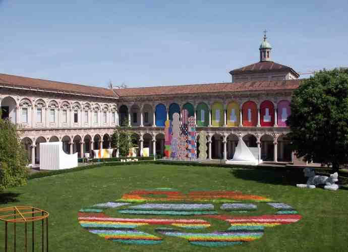 University of Milan courtyard with colorful art installations and historic architecture