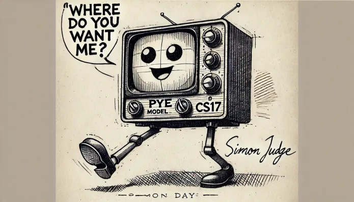 Hand-drawn sketch of the Pye Model CS17 television designed by Robin Day, depicted as a friendly, walking retro TV with a speech bubble saying 'Where do you want me?'. The vintage-style illustration is signed by Simon Judge.