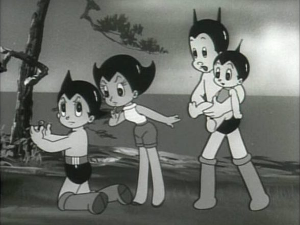 A black and white scene from the classic Astro Boy anime, featuring Astro Boy and his robotic family in a natural outdoor setting.