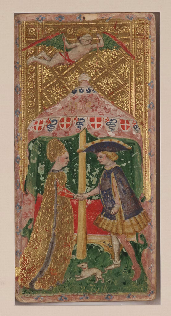 Love card from The Visconti Tarot, ca. 1450, an early hand-painted Tarot card from Milan, Italy, with gold leaf detailing.