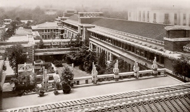 Historic photograph of the Imperial Hotel, Tokyo, designed by Frank Lloyd Wright (1914–1922). Showcases the hotel's Mayan Revival architectural style, intricate terraced structures, and earthquake-resistant design.