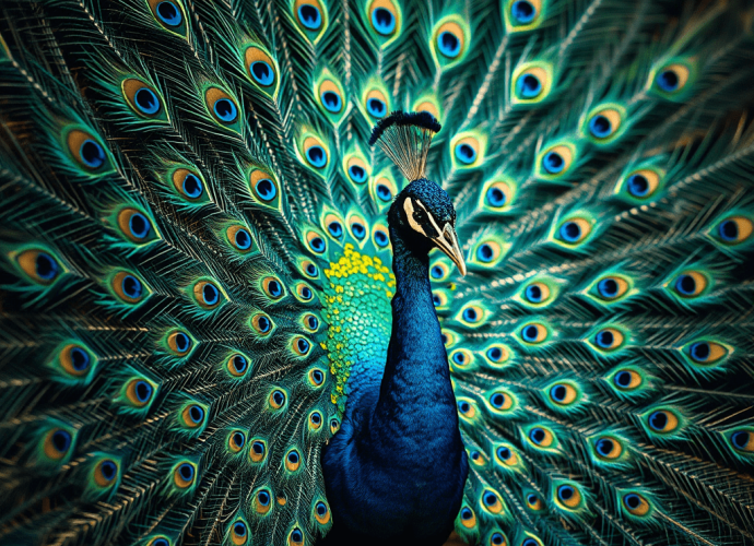 Vibrant peacock displaying its iridescent feathers in full spread, showcasing intricate eye patterns and rich blue plumage.