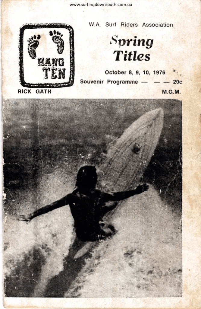 Black-and-white image of Ric Gath surfing on the cover of the 1976 WA Surf Riders Association Spring Titles souvenir programme.