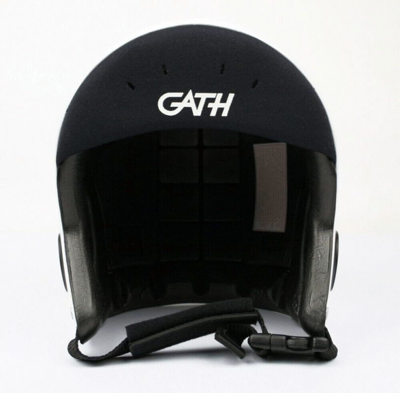 Front view of the original Gath surf helmet, showcasing its streamlined design, internal padding, and protective chin strap.