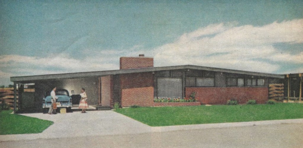 Mid-century modern home with low-pitched roof and brick-redwood exterior, featuring a double carport and minimalistic front landscaping