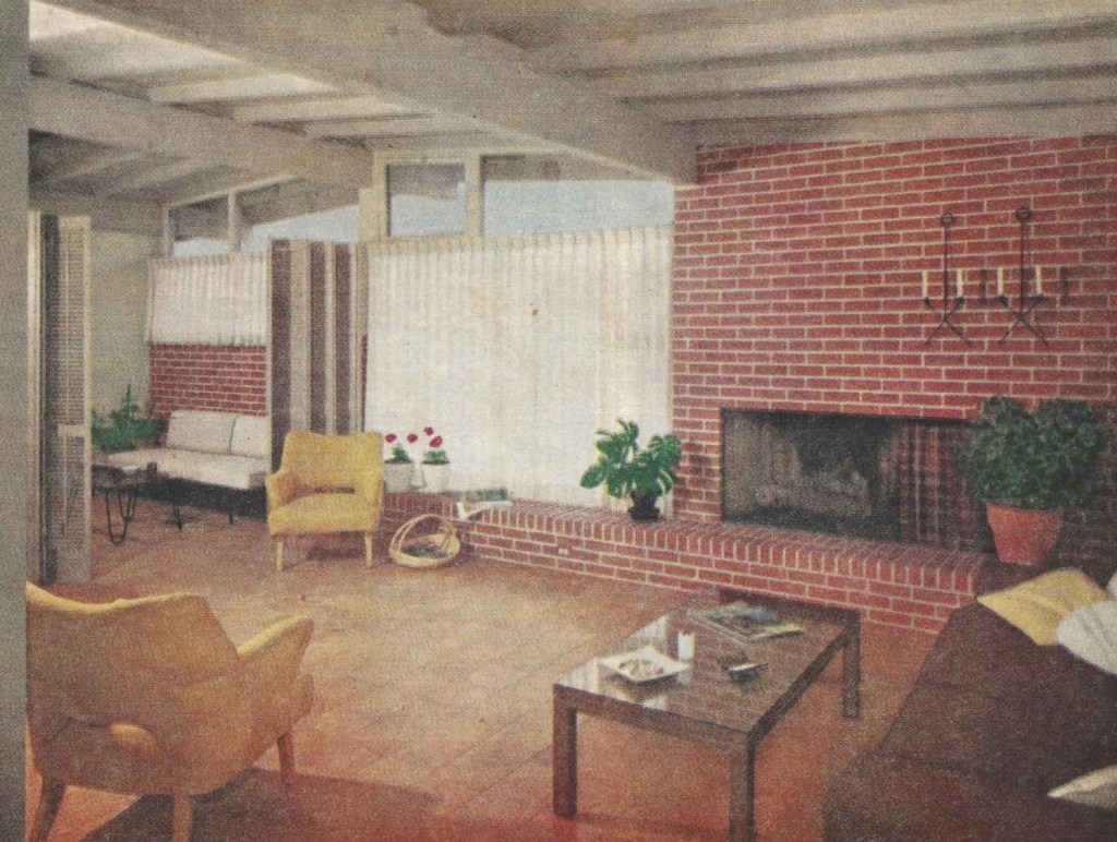 Mid-century modern living room with red brick fireplace, exposed ceiling beams, cork flooring, and minimalist furniture in Household Home 601