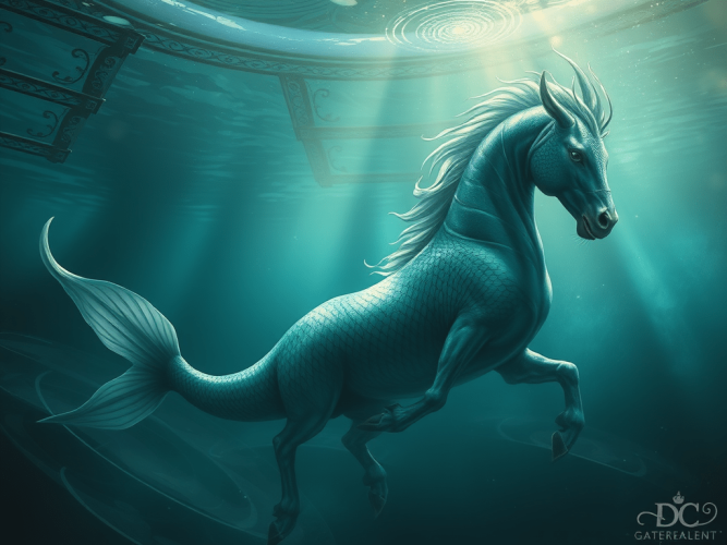 Digital illustration of a blue hippocamp, a mythological sea creature with the body of a horse and the tail of a fish, swimming underwater beneath classical architecture