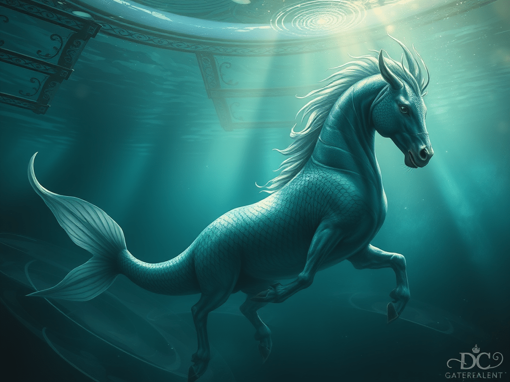 Digital illustration of a blue hippocamp, a mythological sea creature with the body of a horse and the tail of a fish, swimming underwater beneath classical architecture