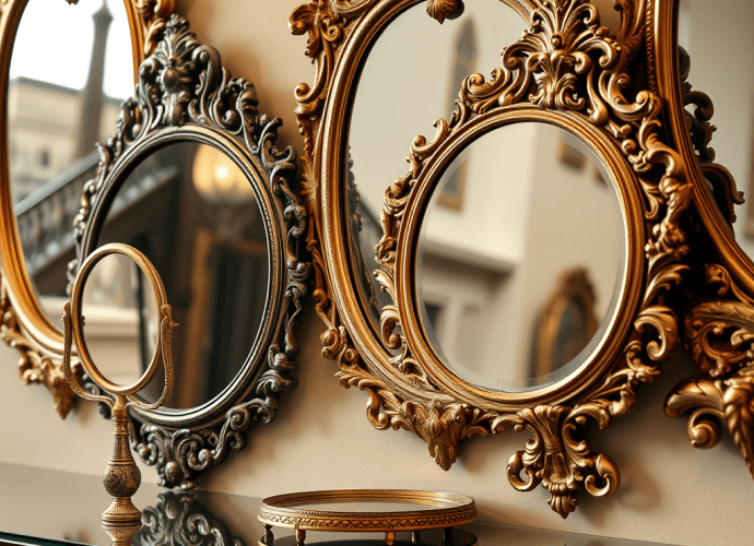 Collection of ornate Baroque and Rococo style mirrors with gold and bronze frames on a wall above a reflective console