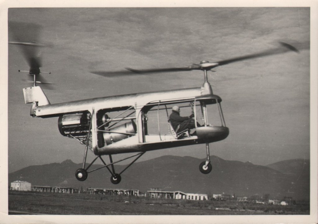 Piaggio PD.4 helicopter in flight, designed by Corradino d’Ascanio, Pontedera, 1952.