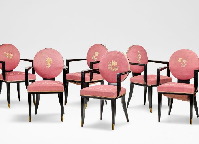 Set of six French Art Deco armchairs by Jean Pascaud, ebonised wood with pink embroidered upholstery, circa 1930