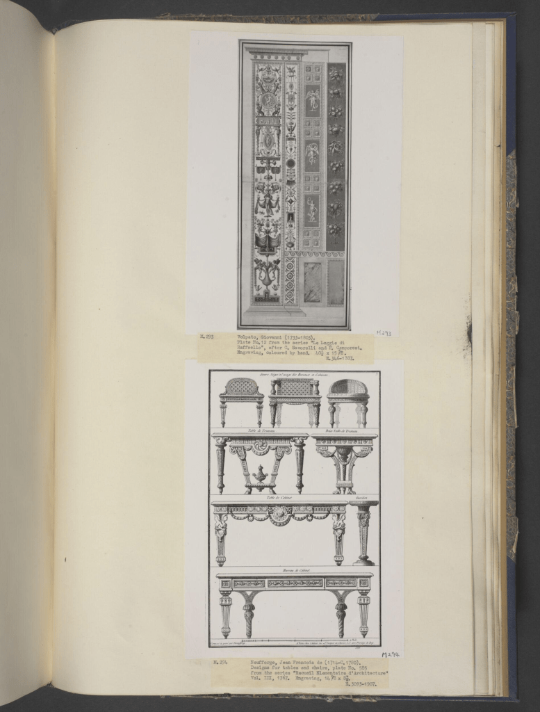 Jean-François Neufforge engraving showing neoclassical furniture designs and decorative ornament panels from Recueil Élémentaire d’Architecture