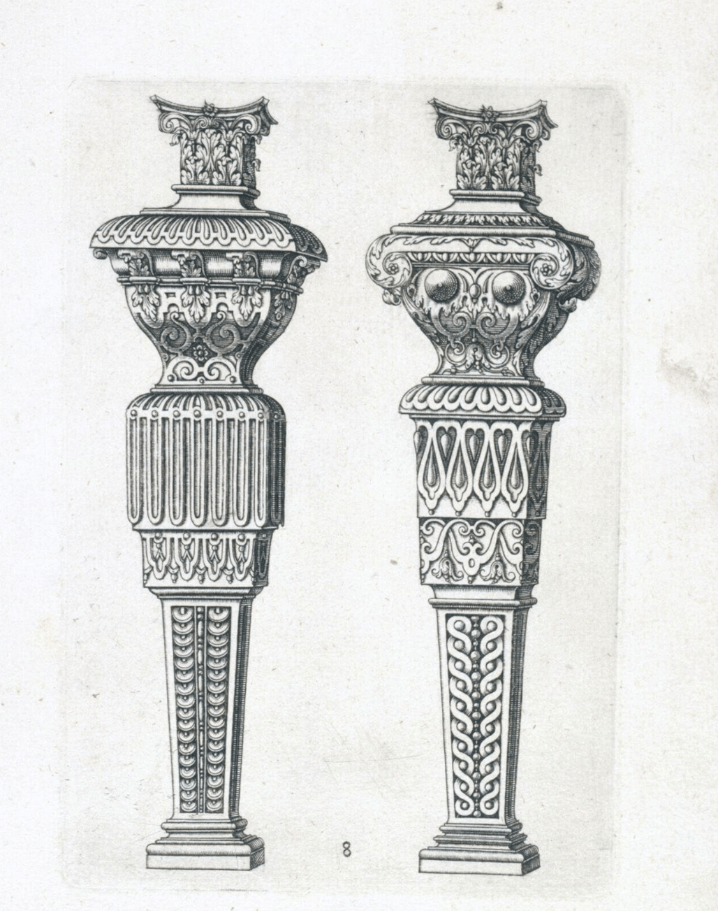 Jean-François Neufforge engraving of Corinthian terms showing classical ornament and human form inspired column design