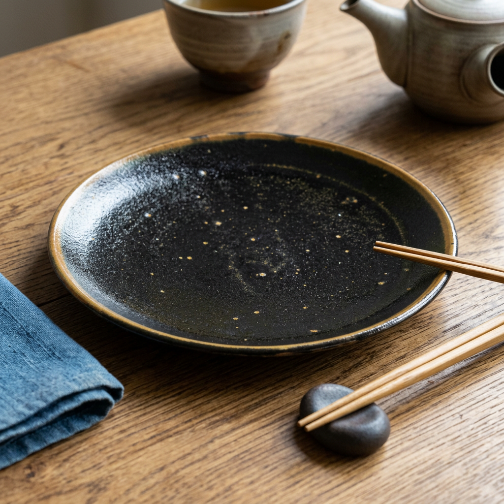 Elegant Japanese dining setting essentials Black ceramic plate with wooden chopsticks on a wooden table beside a cloth napkin and tea set